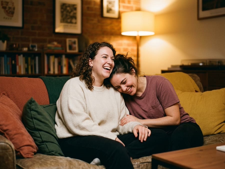 Two friends leaning on each other on a sofa, laughing.