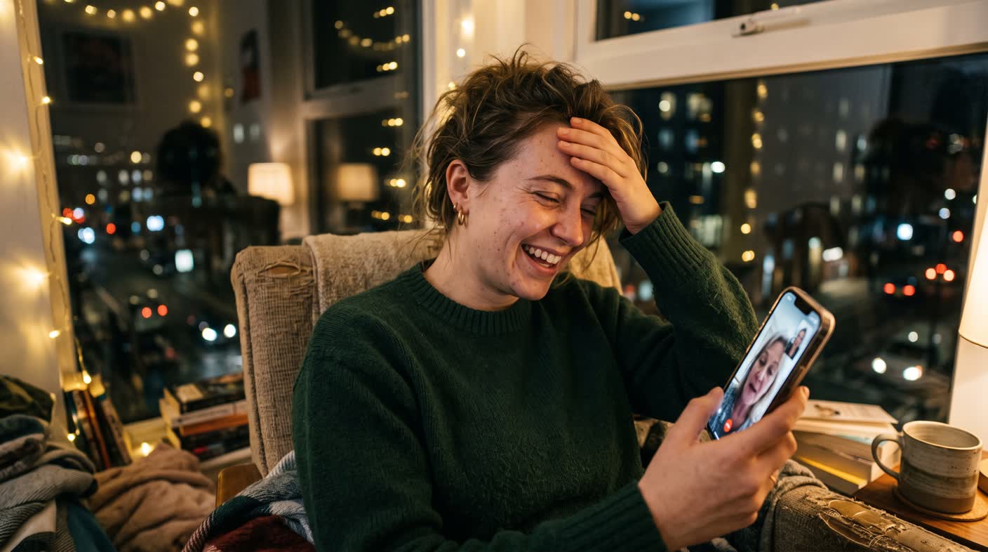 A young woman in a city apartment at night, laughing with relief on a video call.