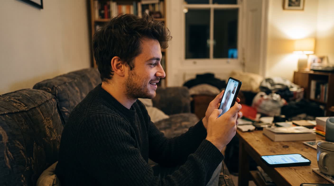 A man on a sofa holding his phone up on a video call, listening closely.
