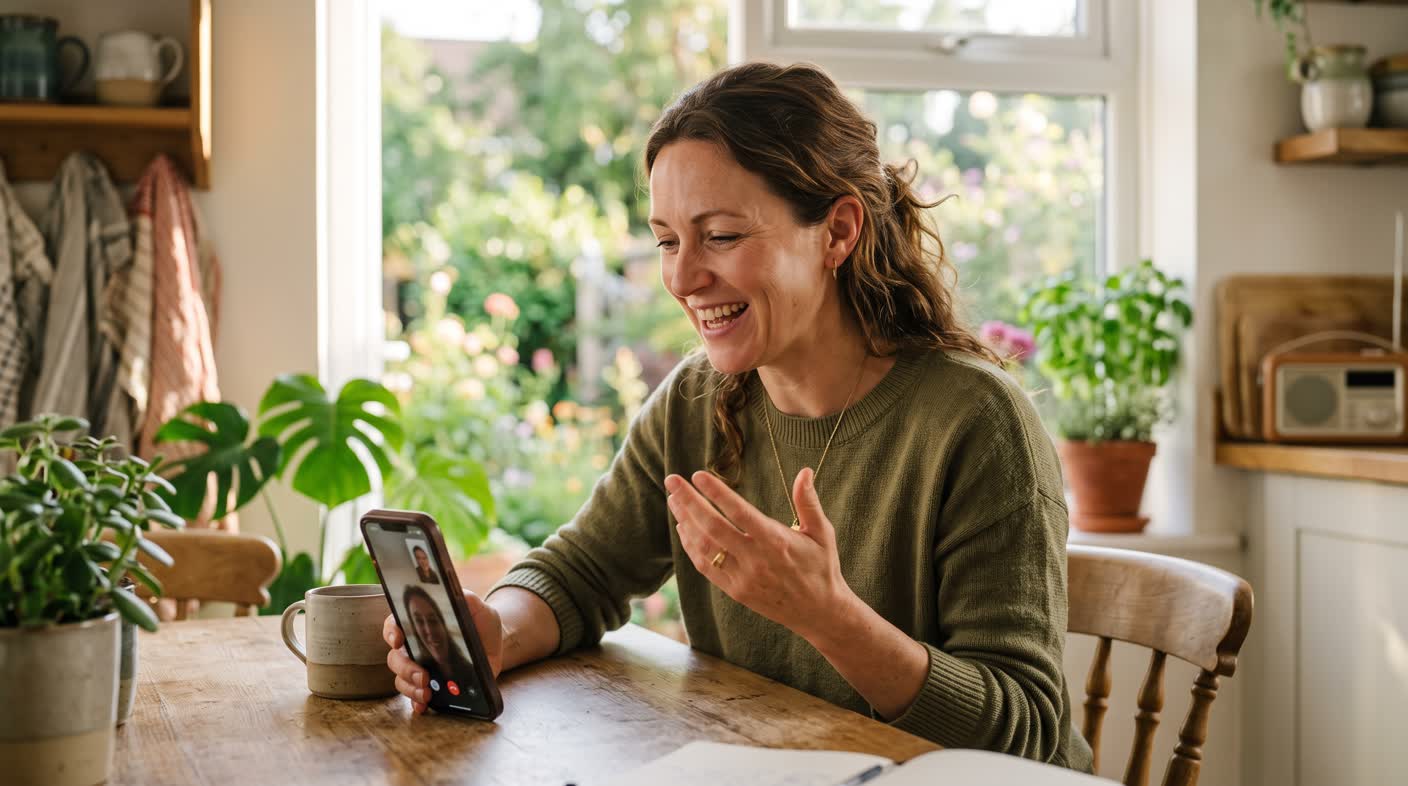 A woman in her mid-thirties on a video call from a bright kitchen, mid-sentence, smiling.