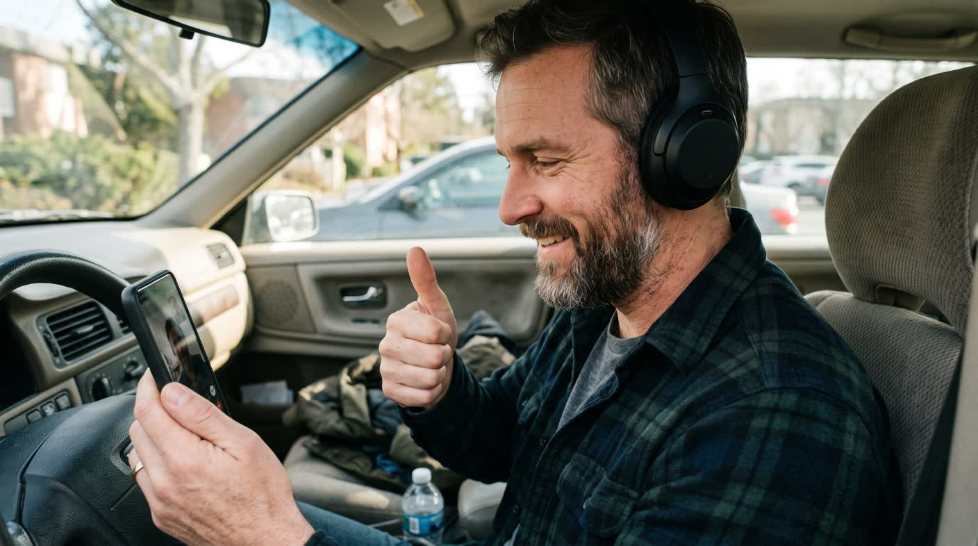 A man in his forties in a parked car, headphones on, giving a thumbs-up to a video call.