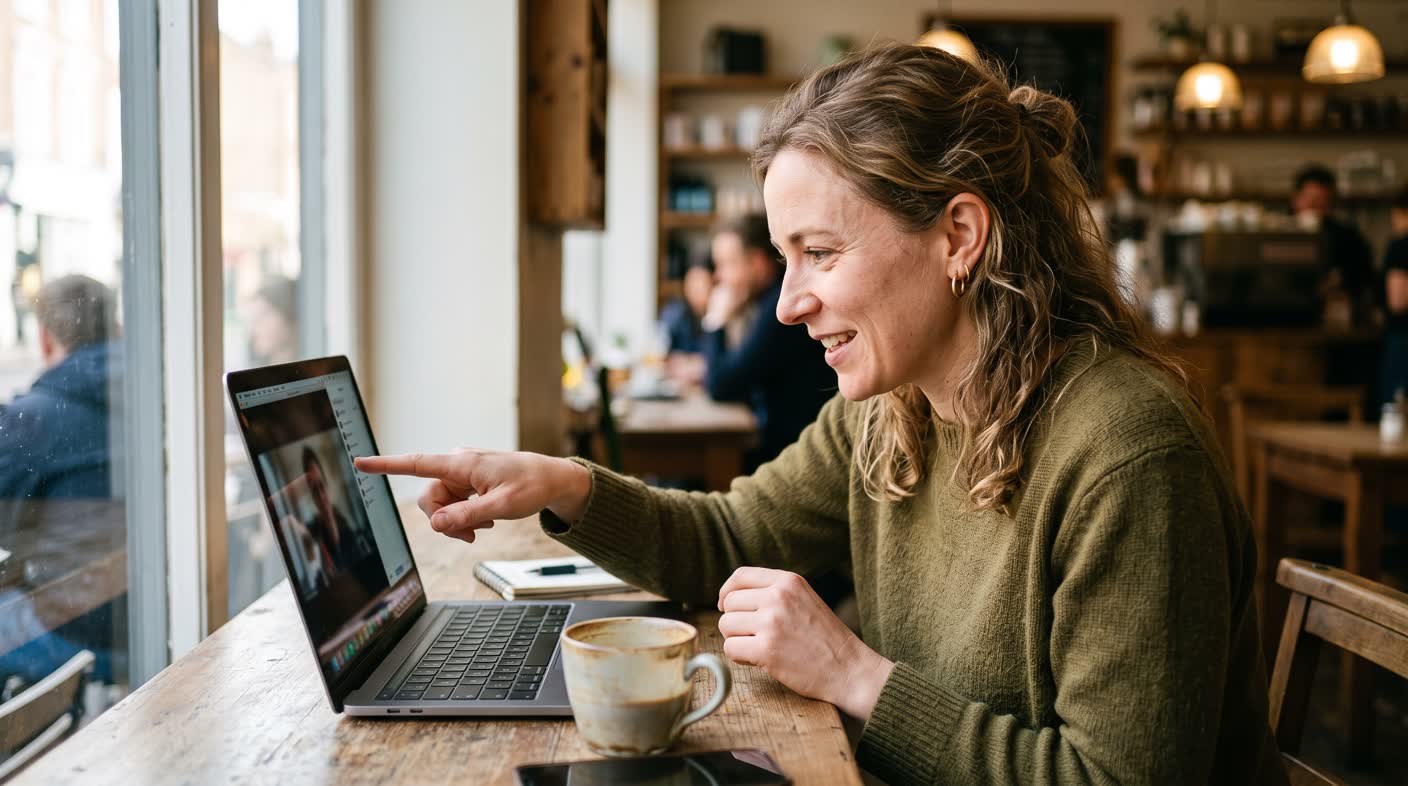 A woman at a café table pointing at her laptop screen on a video call, grinning.