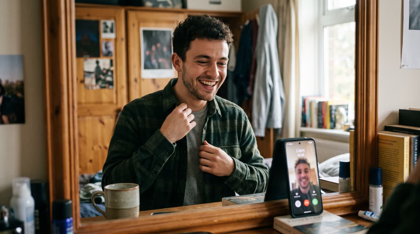 A young man fixing his collar in a bedroom mirror, phone propped on a video call.