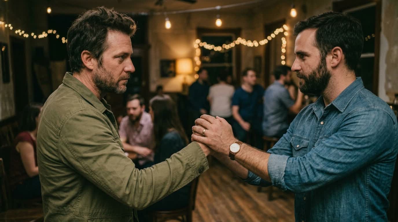 Two friends clasping hands at a bar, one steadying the other.