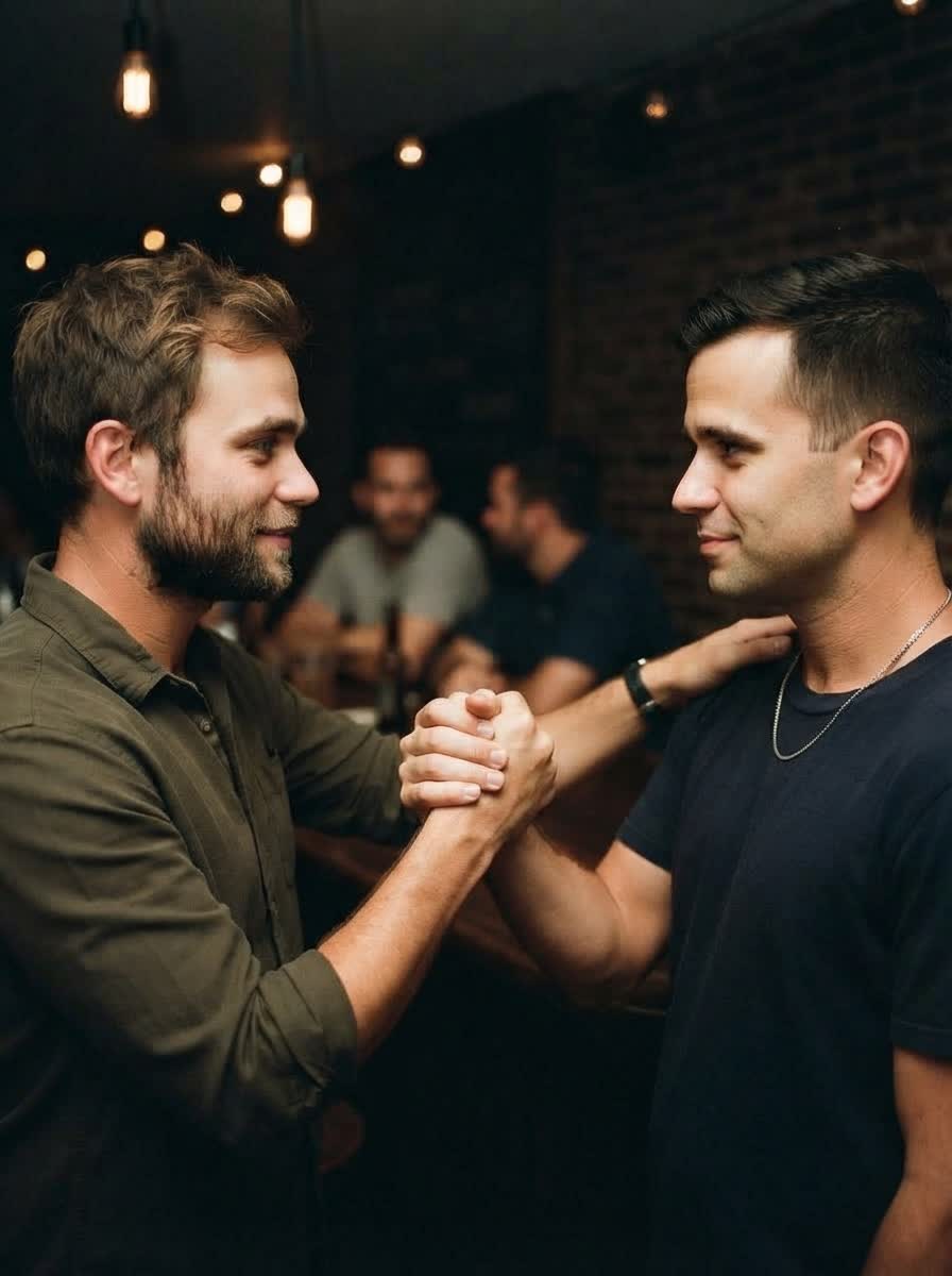 Two friends clasping hands at a bar, one steadying the other.