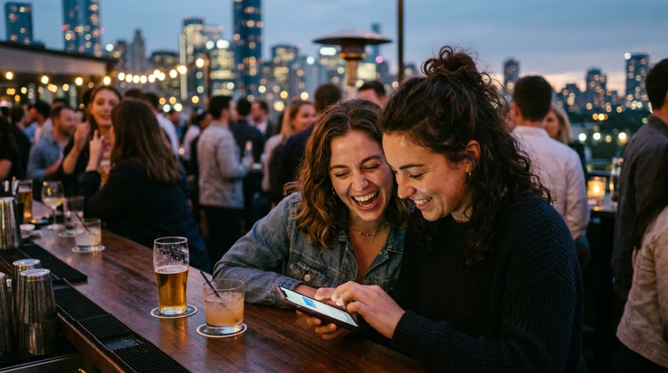 Two friends at a rooftop bar laughing over one phone.