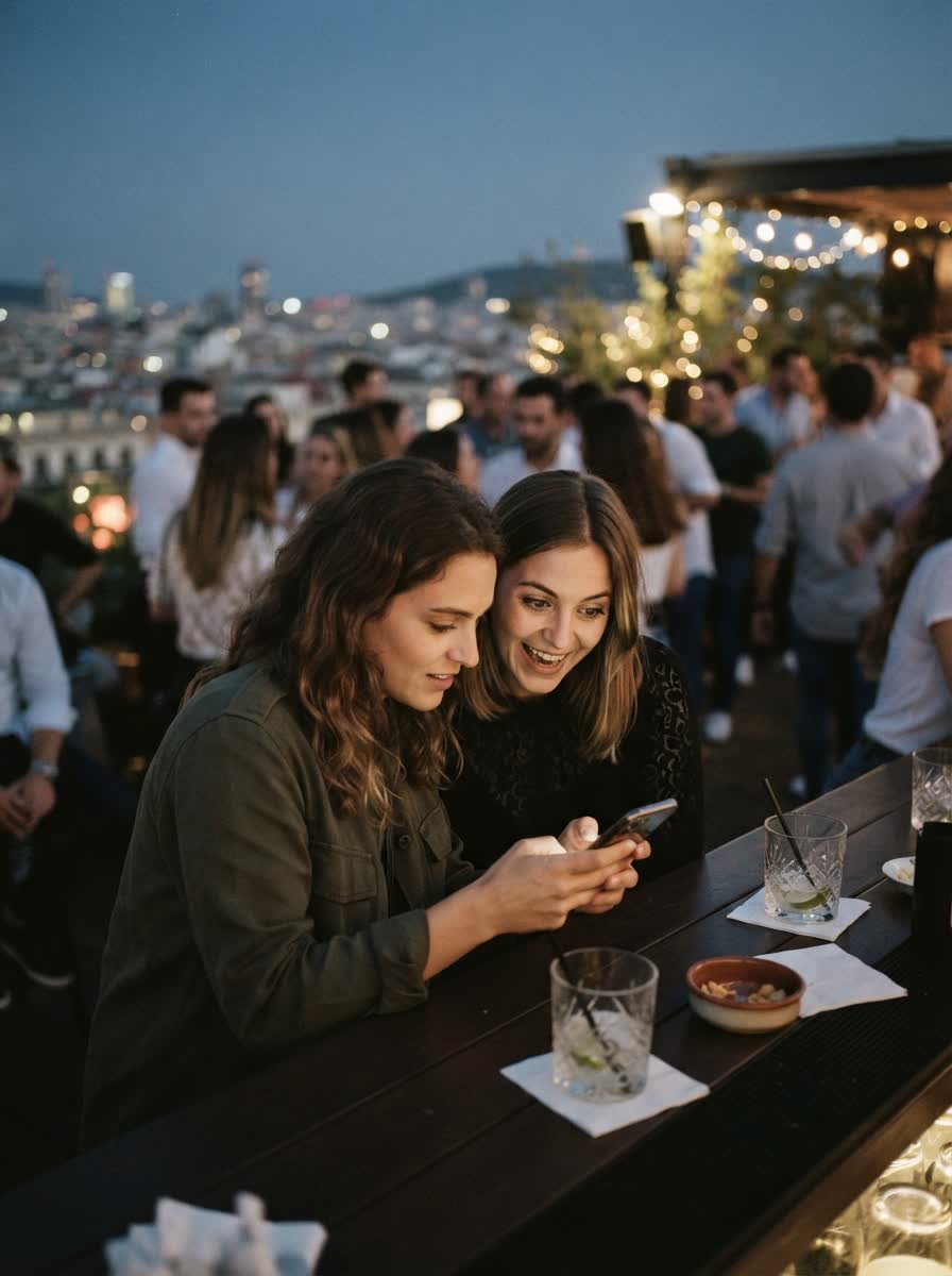 Two friends at a bar, one reading the other's phone, both laughing.