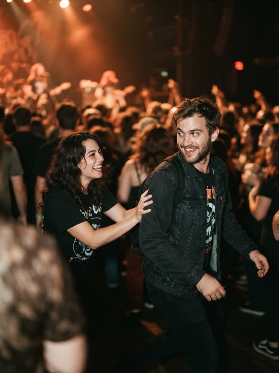 A friend playfully pushing another toward the crowd at a venue.