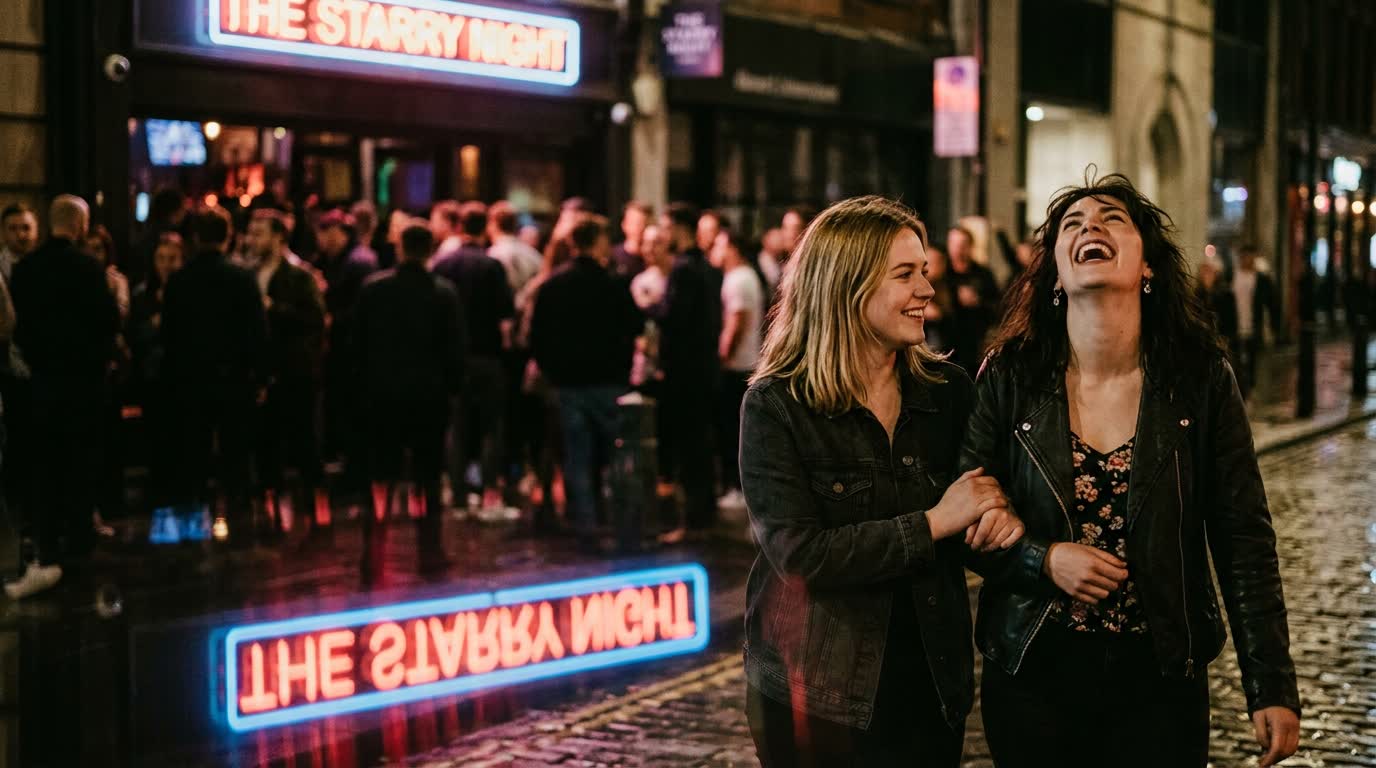 Two friends walking away from a bar at night, laughing.