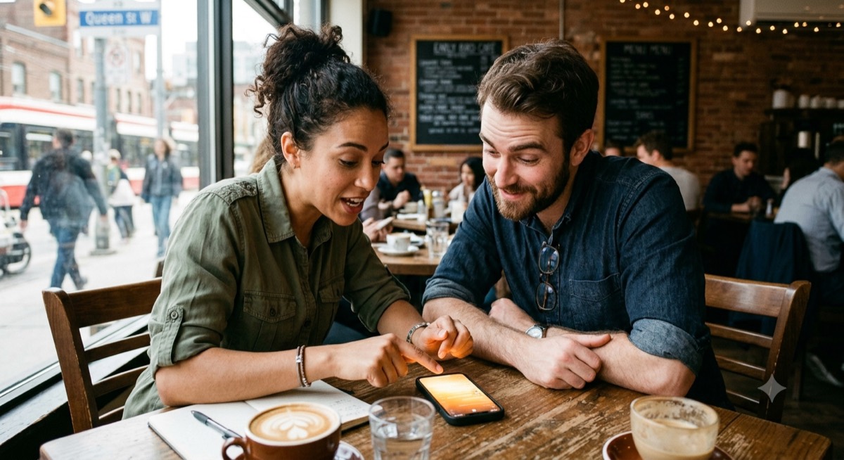 Two people at a café table, one showing the other something on a phone.
