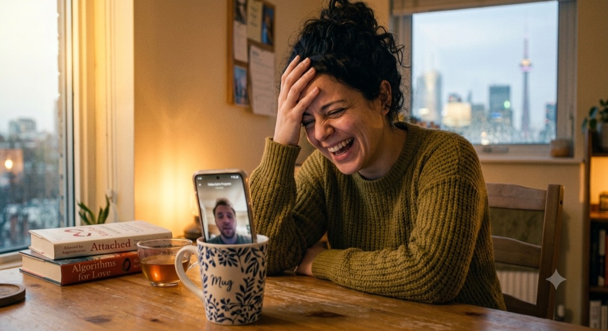 Someone laughing during a video call at their kitchen table.