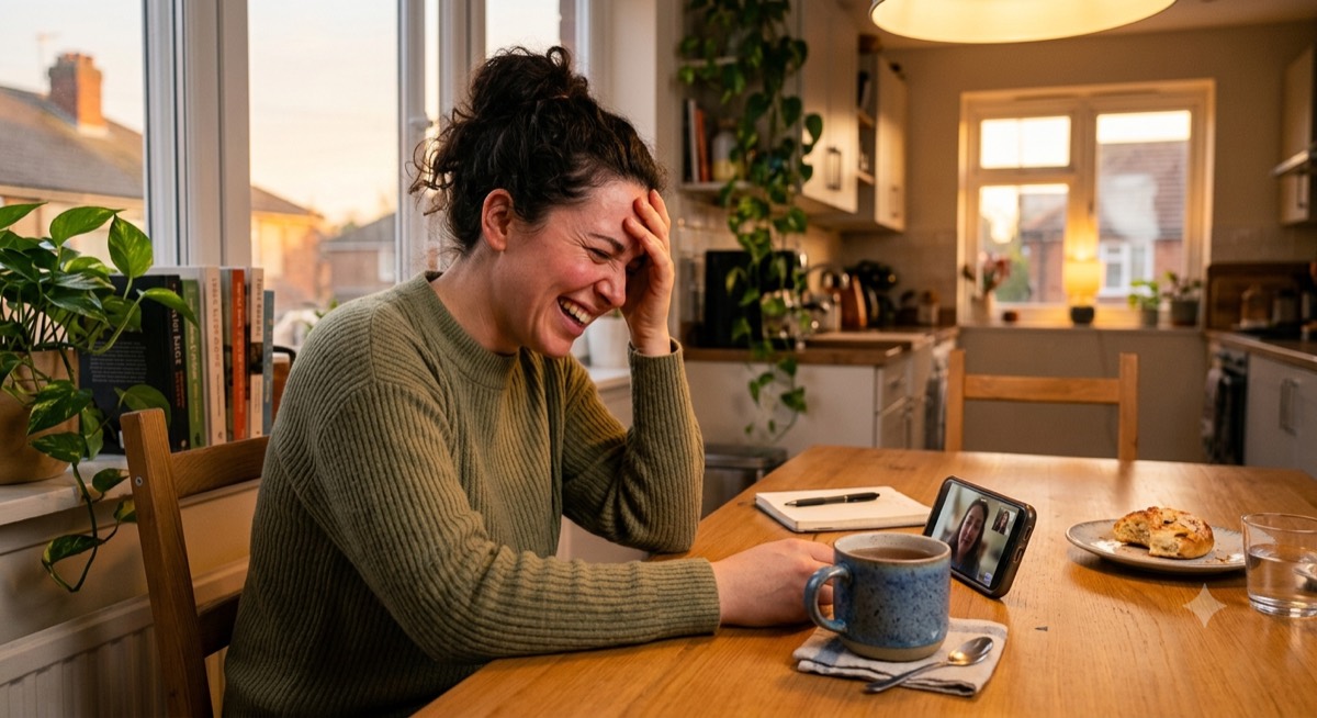 Someone laughing at a video call propped against a mug on the kitchen table.