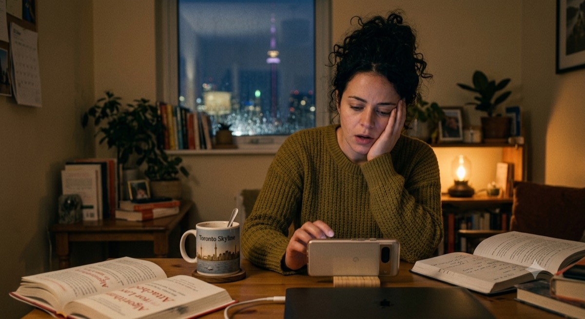 Someone sitting at a desk late at night, head in hand, phone propped in front of them.