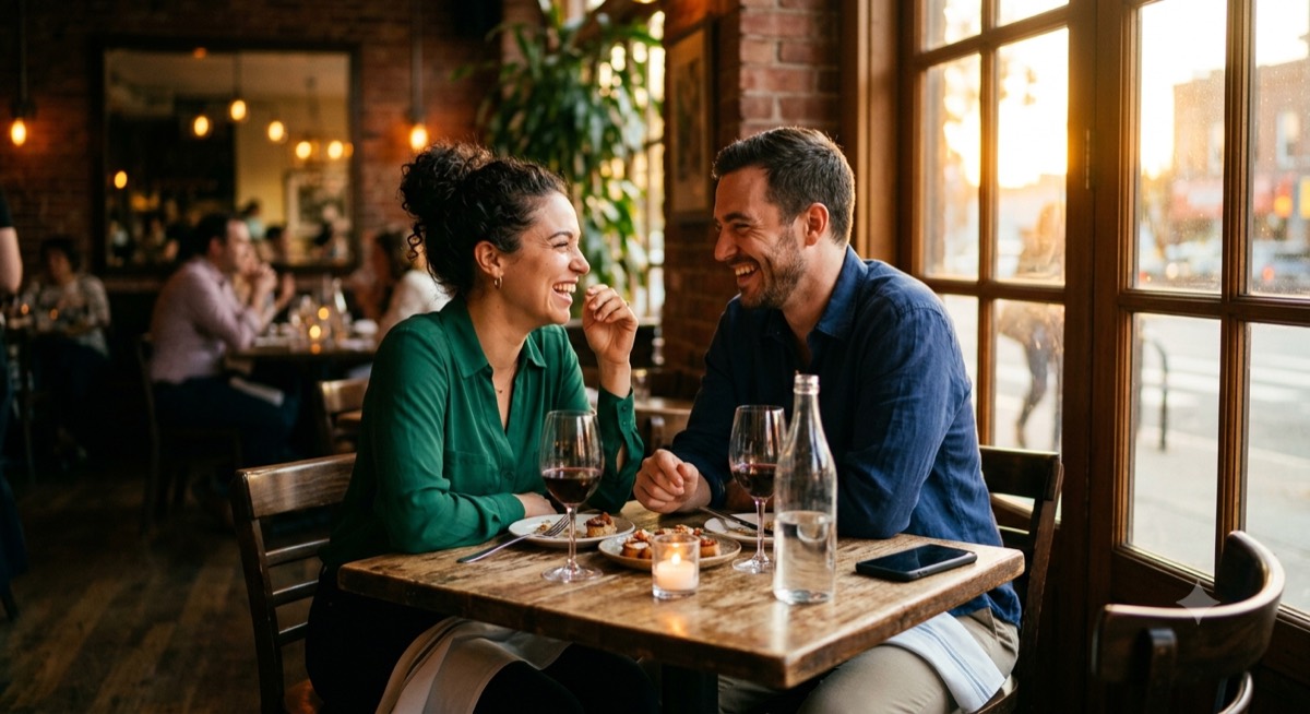 Two people mid-conversation over dinner, both laughing.