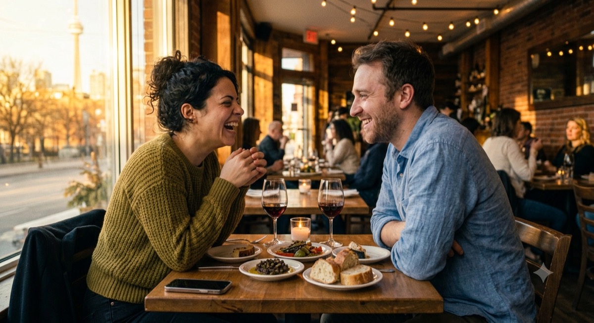 Two people laughing over dinner by a window at golden hour.