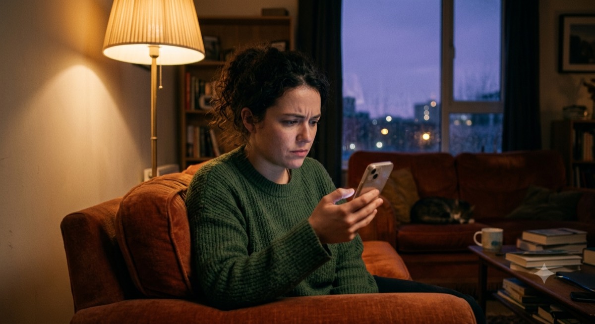 Someone frowning at their phone on a sofa at dusk, mid-message.