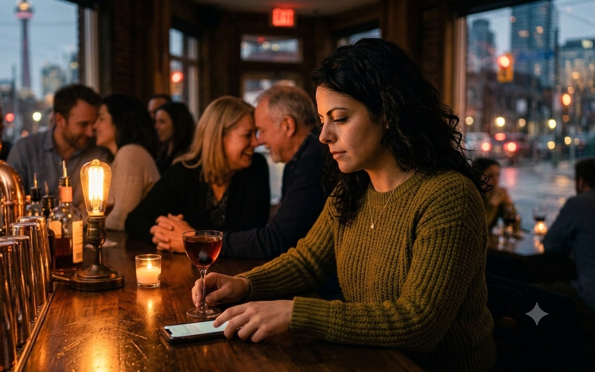 Someone sitting alone at a bar at dusk, glancing at their phone while couples lean close around them.