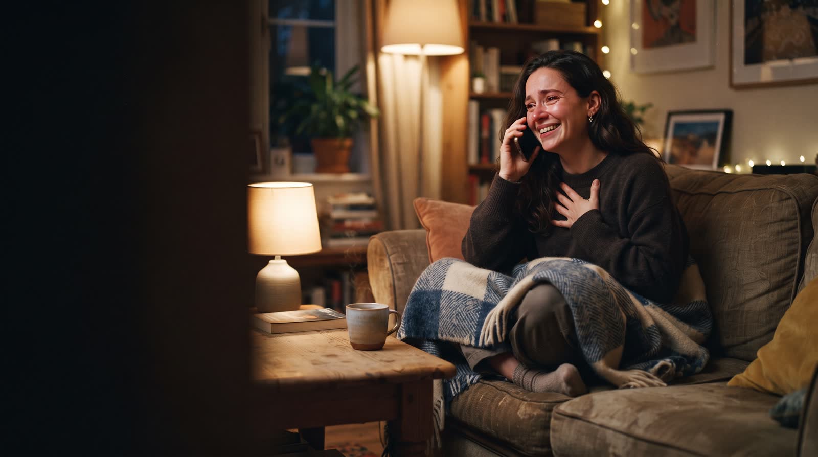 A woman curled up on her sofa on a phone call, hand on her chest, laughing with relief.