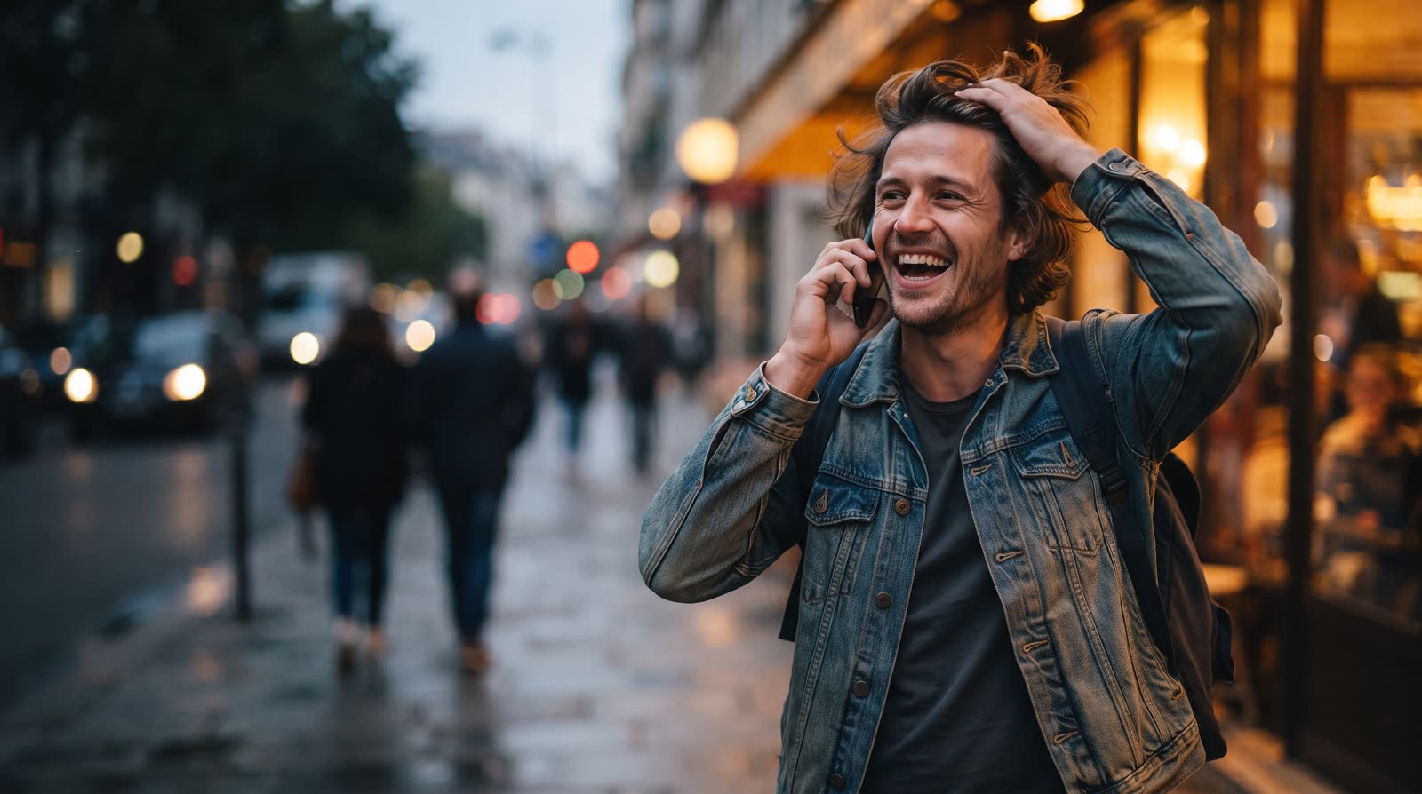 A man walking down a street at dusk on a phone call, grinning, hand in his hair.