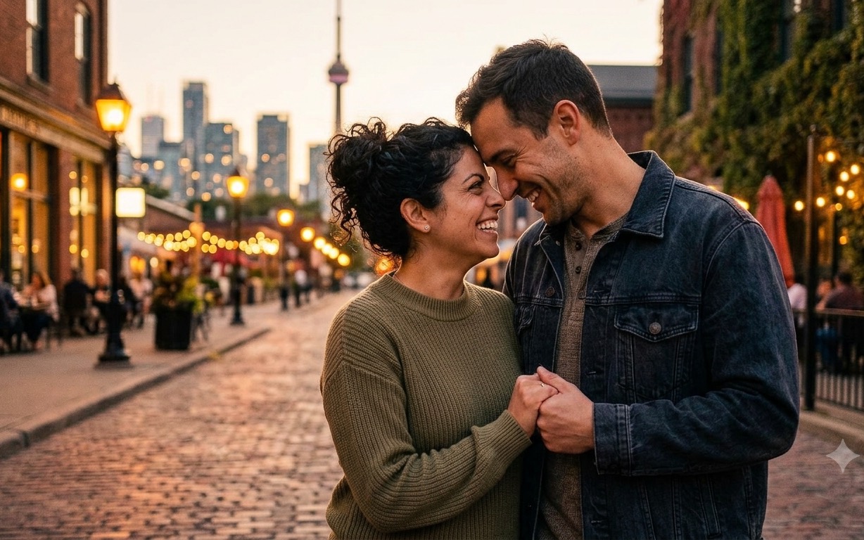 A couple holding hands on a lamplit street at golden hour, foreheads nearly touching.