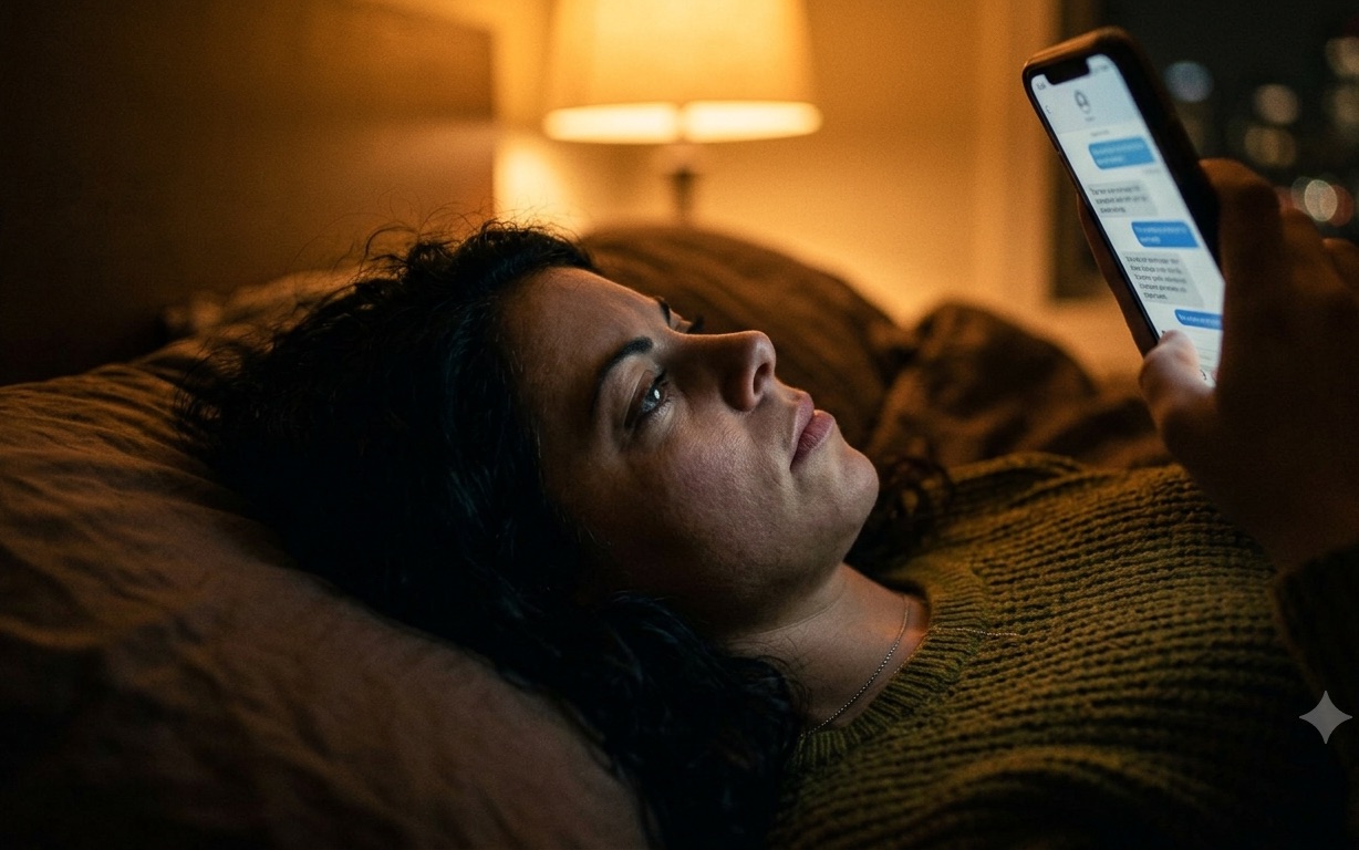 Someone lying in bed at night, re-reading a chat that went quiet.