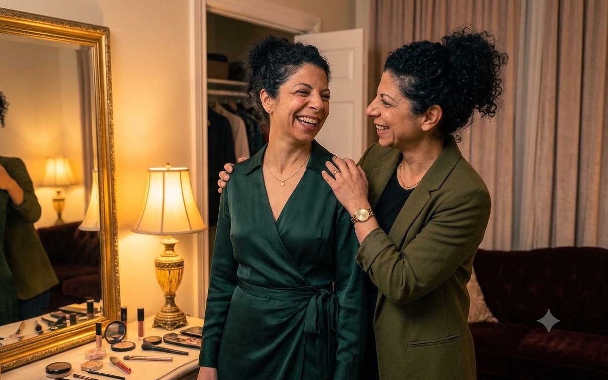 One woman telling her friend she looks great before a night out, both laughing at the mirror.