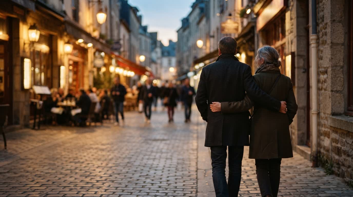An older couple walking arm in arm down a lamplit street in the evening.