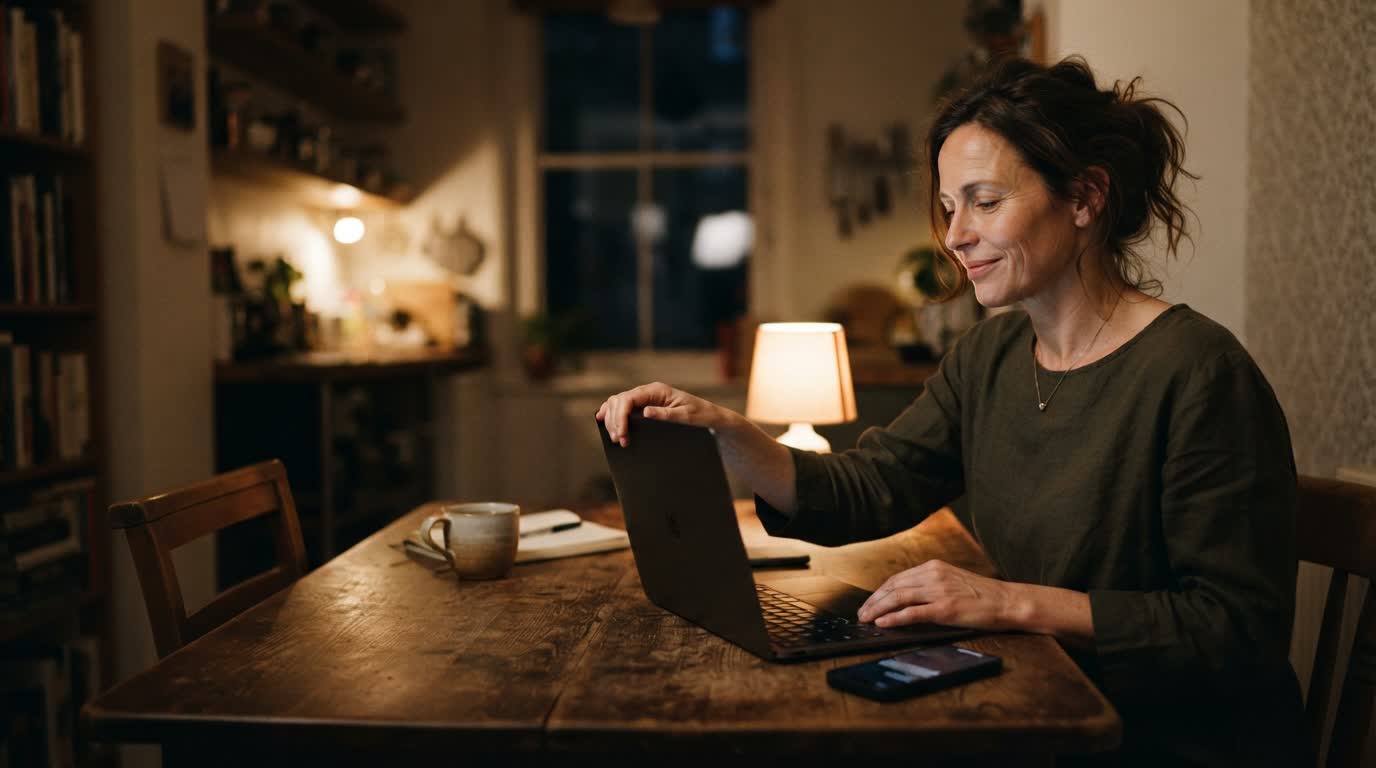 Someone closing a laptop at the kitchen table at night, a small satisfied exhale.