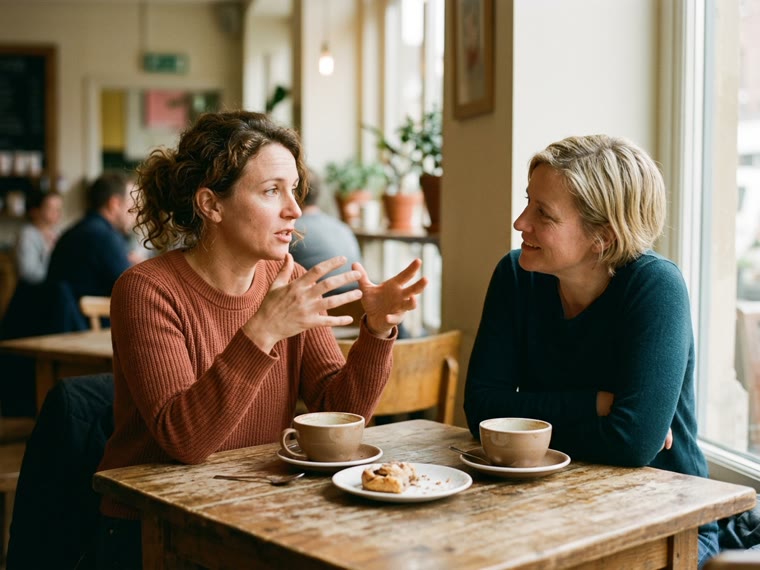 Two people talking across a café table, one mid-sentence with her hands up.