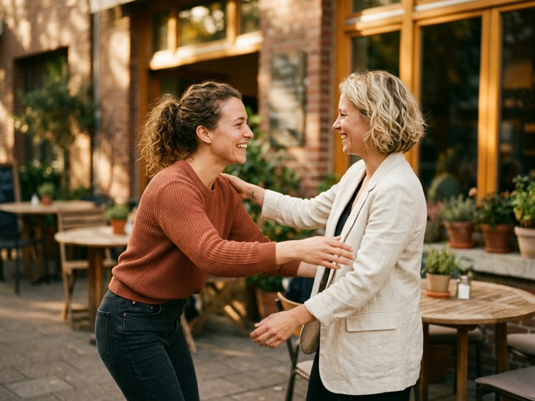 Two people greeting each other warmly outside a café.