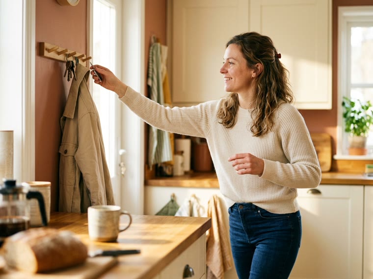 Someone reaching for their coat in a sunlit kitchen, half smiling.
