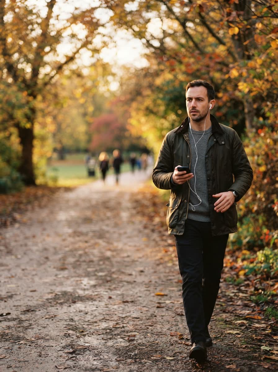 Someone walking alone through a park at golden hour, listening to a call.