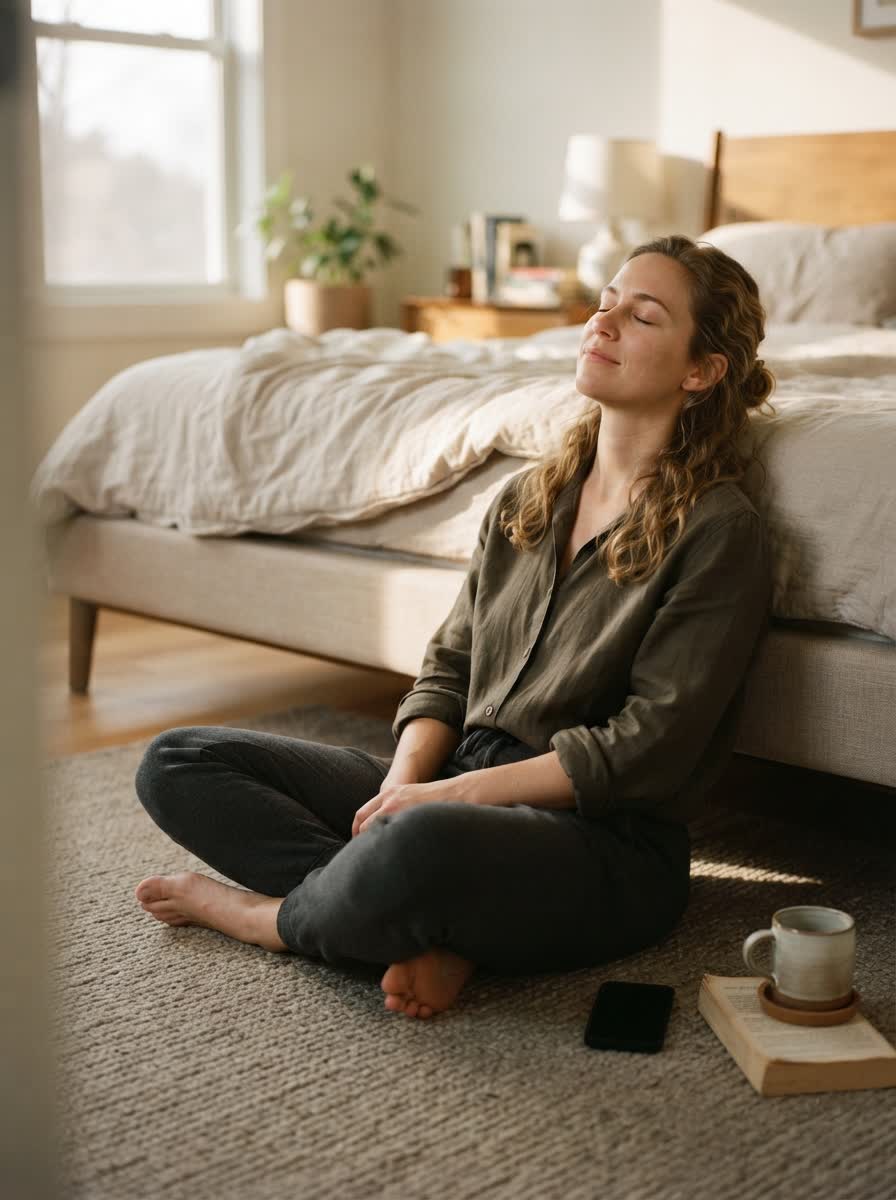 Someone sitting on the floor against their bed, eyes closed, phone face-down beside them.