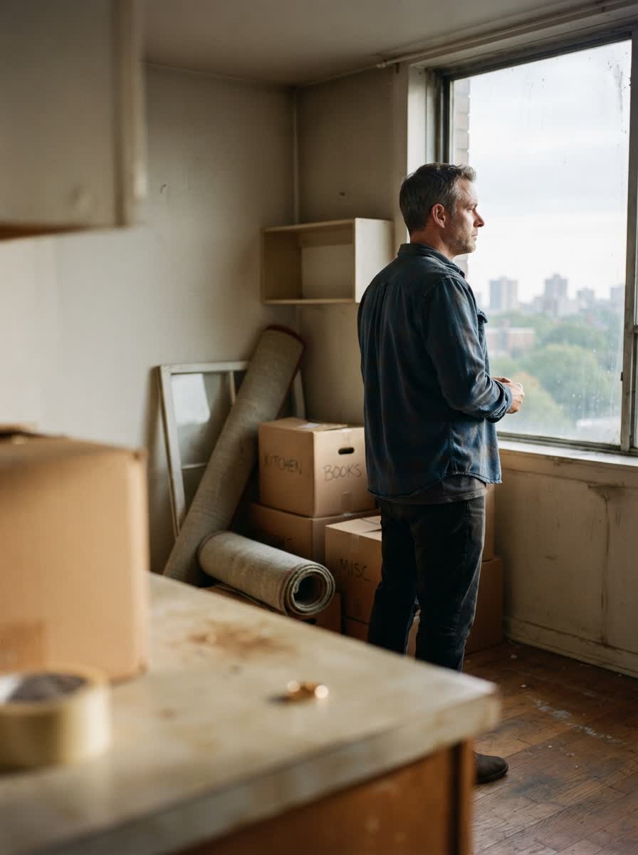 Someone looking out of the window of a half-packed apartment, moving boxes behind them.