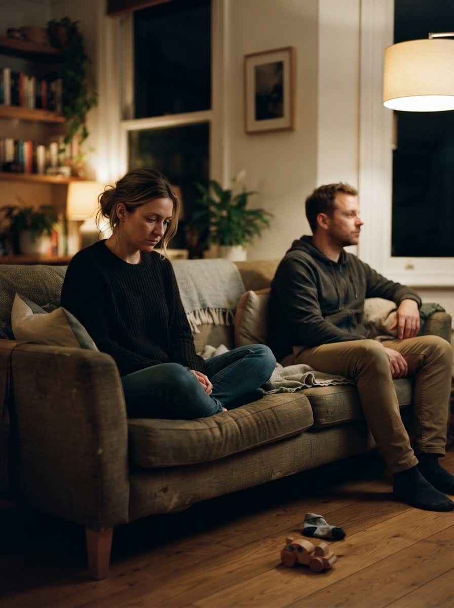 A couple sitting at opposite ends of a sofa in the evening, not looking at each other.