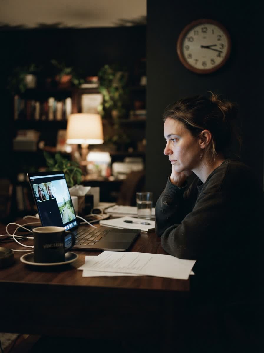 Someone on a late-night laptop call, a clock on the wall behind them.
