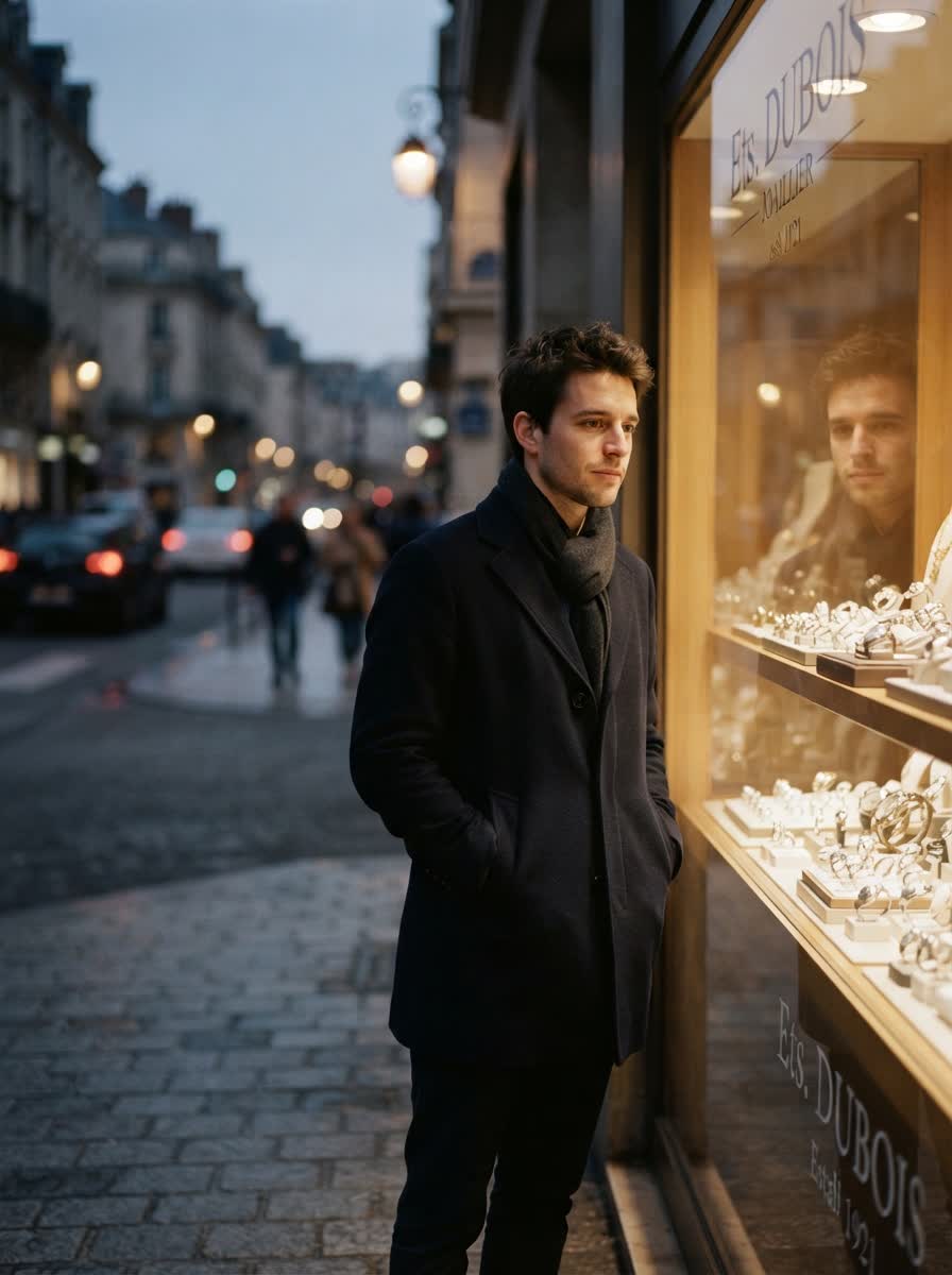 Someone standing alone at a jeweller's window at dusk, thinking.