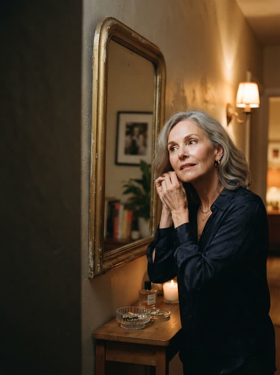Someone in their sixties putting on an earring in a hallway mirror before going out.