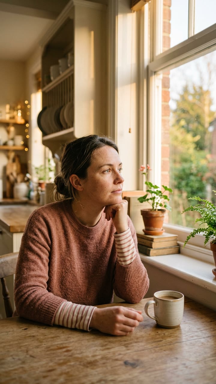 Someone at a kitchen window in the morning, holding a mug, looking out.