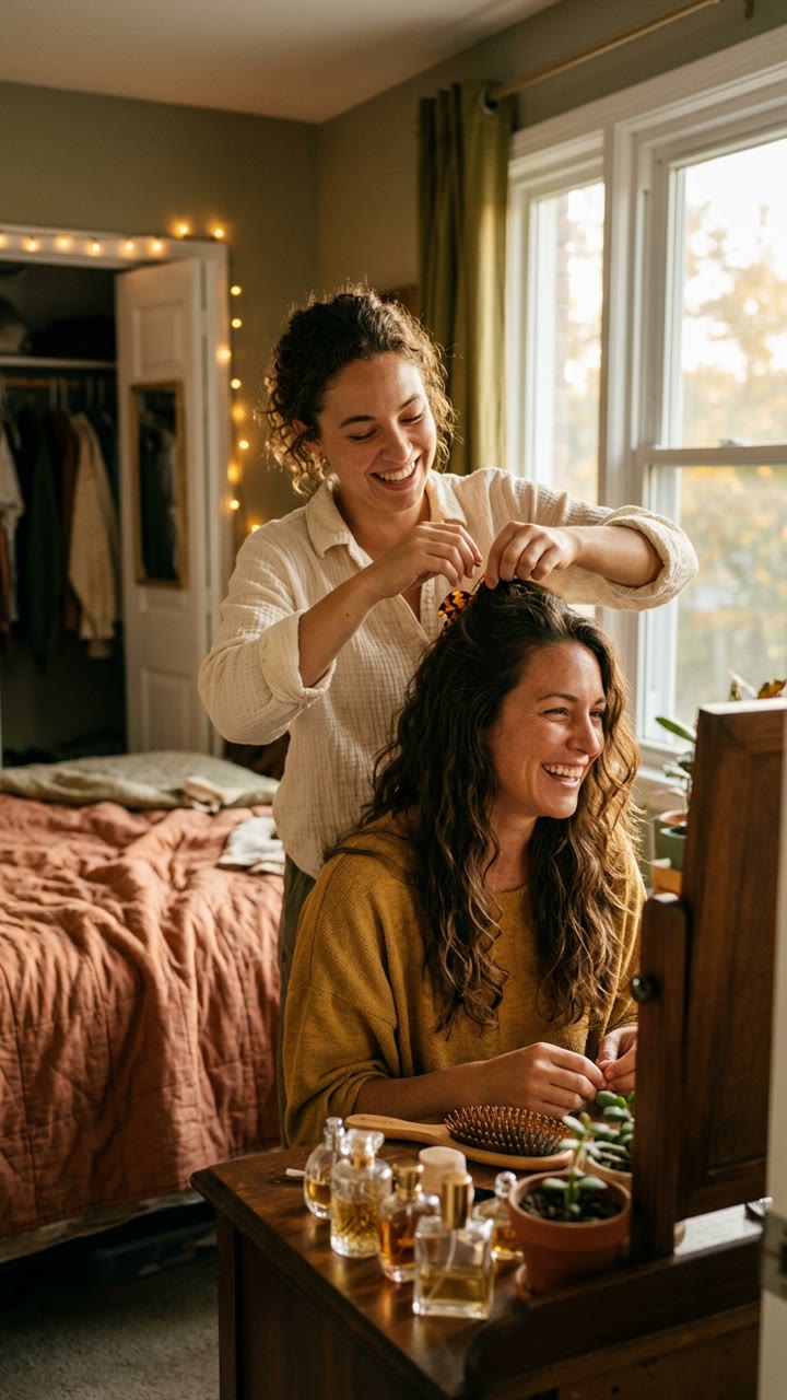 One friend doing another's hair in a bedroom before a night out, both laughing.