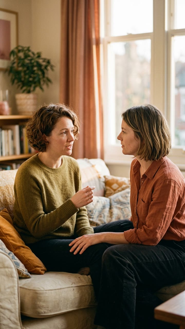 Two people talking on a sofa in the afternoon, one listening closely.