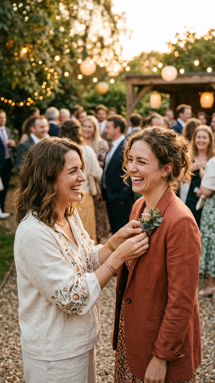 Two friends laughing at an outdoor wedding, pinning on a buttonhole.