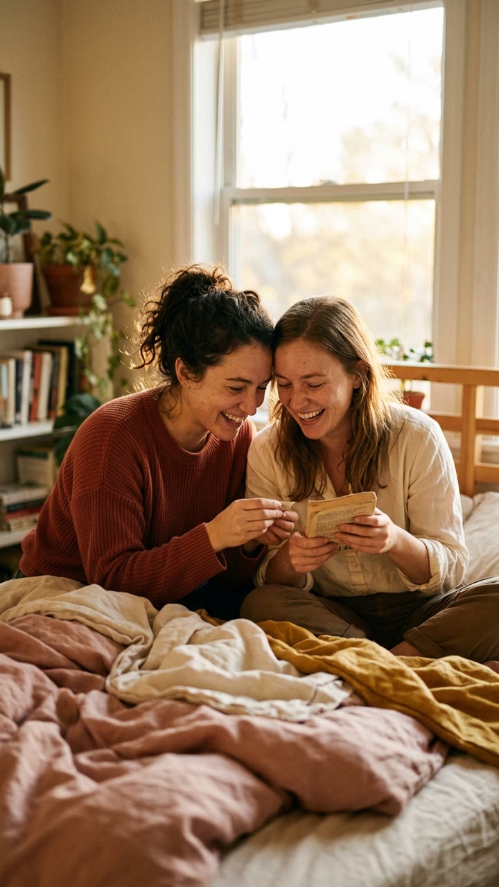 Two friends sitting on a bed, laughing at something on a phone together.