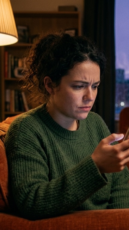 Someone frowning at their phone on a sofa at dusk.