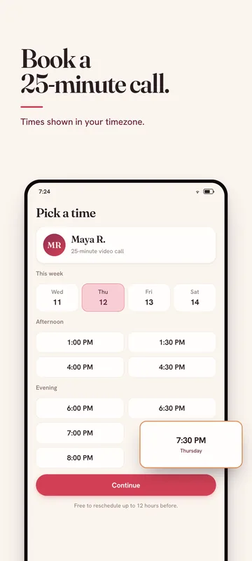 Book a 25-minute call: pick a time, shown in your time zone.