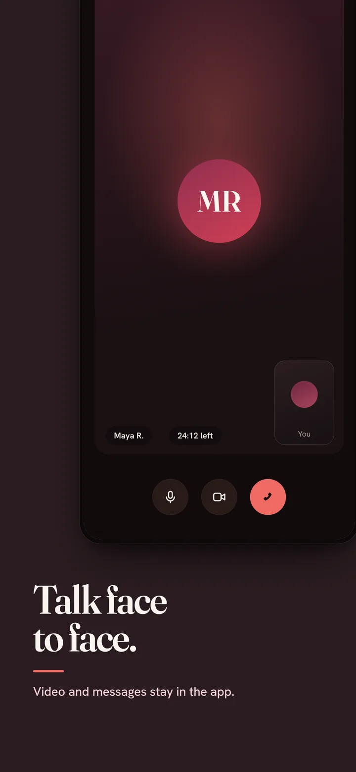 The Wingbie iPhone app: talk face to face, a video call with a Wing in progress, 24 minutes left.