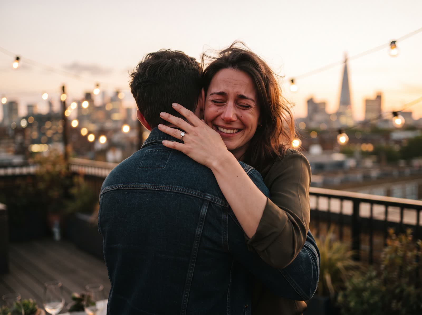 A woman hugging her partner on a rooftop, crying happy tears, a ring on her hand.