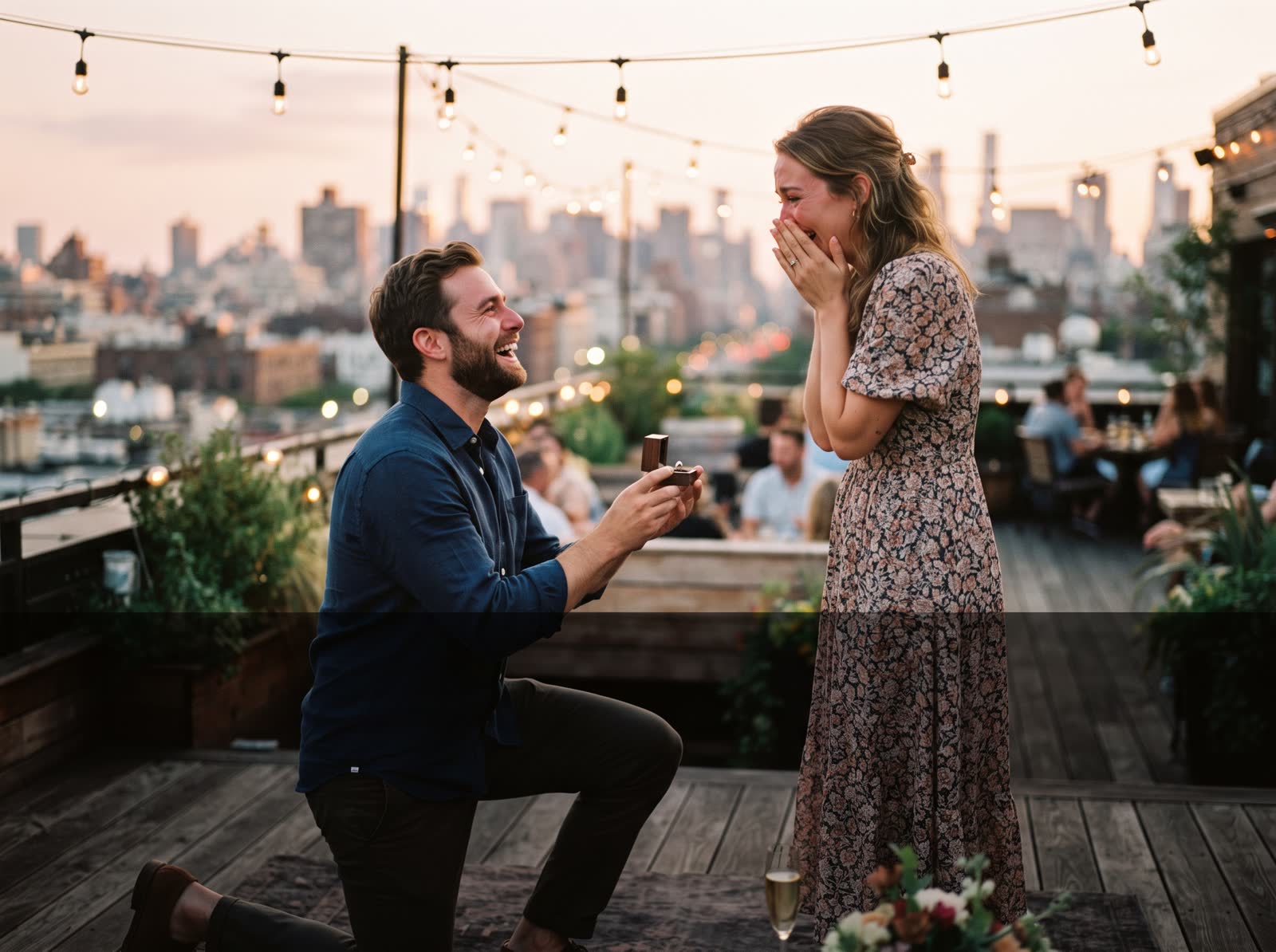 A man on one knee on a rooftop at golden hour, a woman with her hands over her mouth, laughing yes.