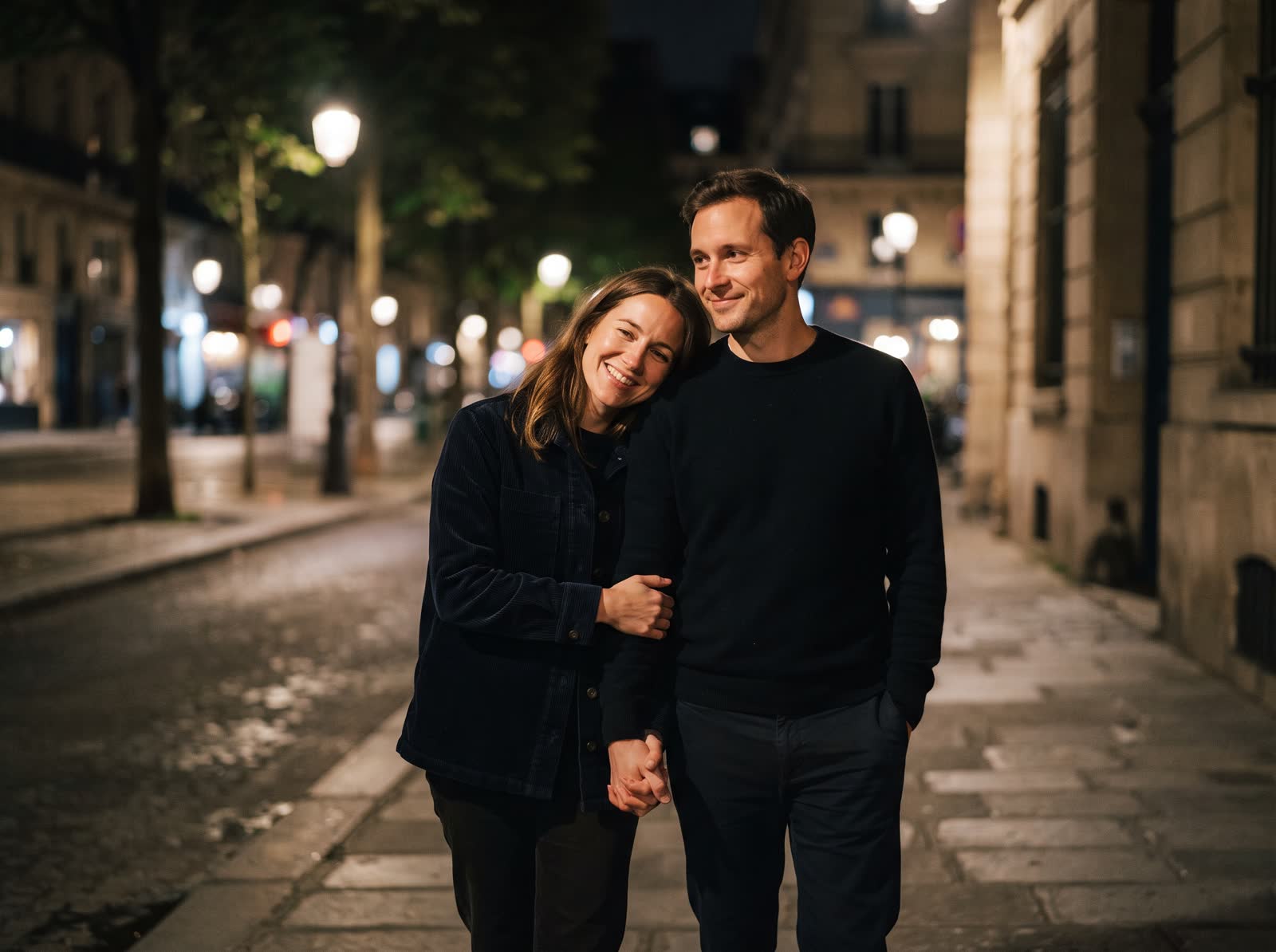 A couple walking home at night holding hands, her head on his shoulder.