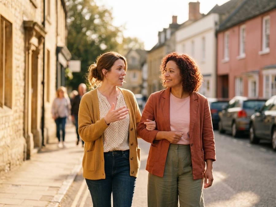 A couple laughing together in late afternoon light.
